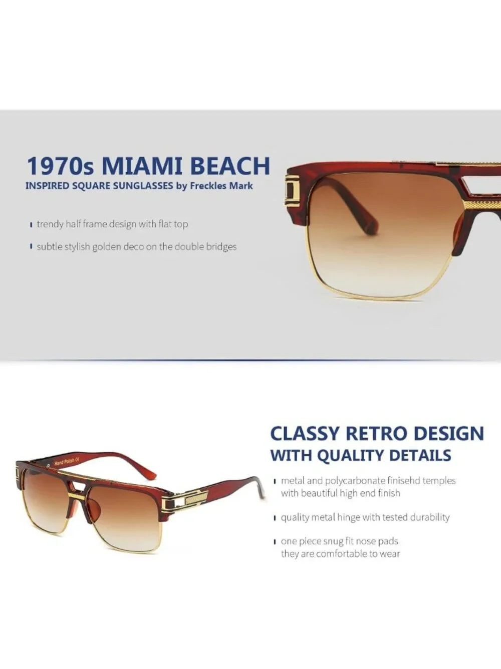 Trendy 70s Retro Square Sunglasses for Men & Women - Gold Metal Sun Glasses